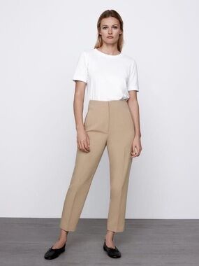 ZARA High Waisted Beige Tailored Trousers XS Straight Leg Minimalist